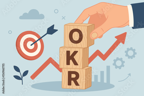 OKR objectives key results concept, hand stacking wooden blocks, business target, performance management, goal setting, achieving growth, success, productivity, strategy