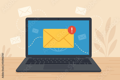 Email notification alert on laptop screen. New message icon. Online business communication, digital correspondence, workplace contact, internet mail, global connection concept