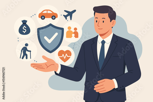 Businessman Presenting Online Insurance Protection Concept, Financial Health Life Car Travel Family Accident Coverage, Safety Assurance, Risk Management, Security Icons