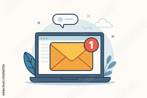 New email notification alert concept for business communication, digital marketing, inbox message received, electronic mail icon on laptop, modern flat vector illustration