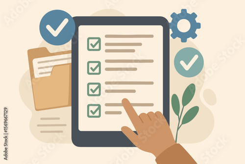 Digital checklist and online survey form on tablet, document management system, process automation, file organization, workflow optimization, modern flat illustration