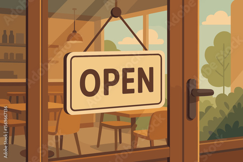 Cafe or Restaurant Open Sign Hanging on Glass Door Entrance, Modern Flat Vector Illustration, Cozy Interior, Hospitality Business, Welcome Concept, Daytime Urban Scene