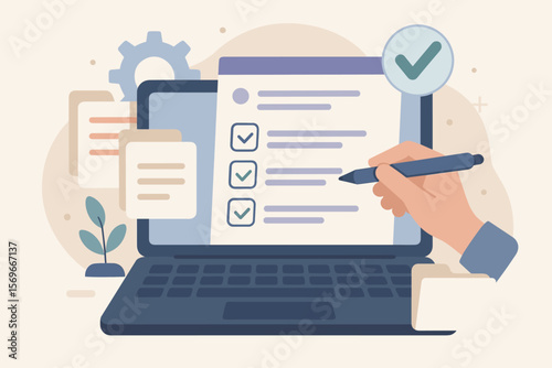 Digital survey checklist on laptop, online form completion, document management system, process automation, data organization, workflow optimization, modern flat illustration