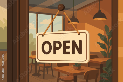 Open sign hanging on glass door of modern cafe or restaurant, welcoming customers, cozy interior, flat vector illustration, hospitality business, storefront entrance concept