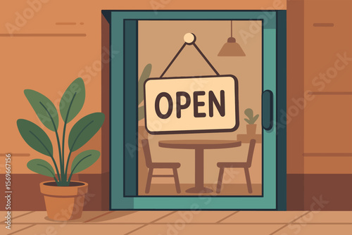 Cozy modern cafe or restaurant entrance with open sign on glass door, indoor table and chairs, potted plant, contemporary urban storefront, welcoming business vector illustration