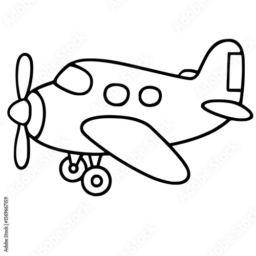Black and white cartoon propeller airplane line art
