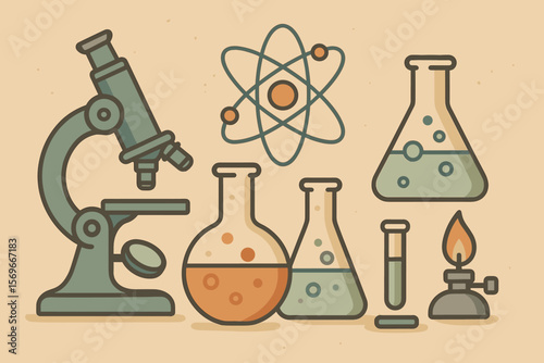 Vintage science laboratory equipment set. Flat cartoon vector illustration of microscope, beakers, flasks, test tube, Bunsen burner, atom symbol. Chemistry experiment concept.