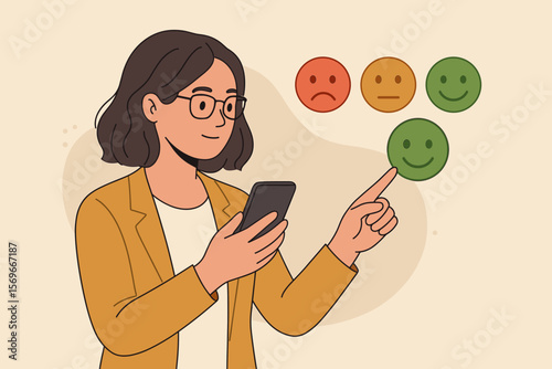 Woman using smartphone selecting green happy smiley face icon. Customer feedback rating, positive review, satisfaction survey, mental health, user experience, online evaluation