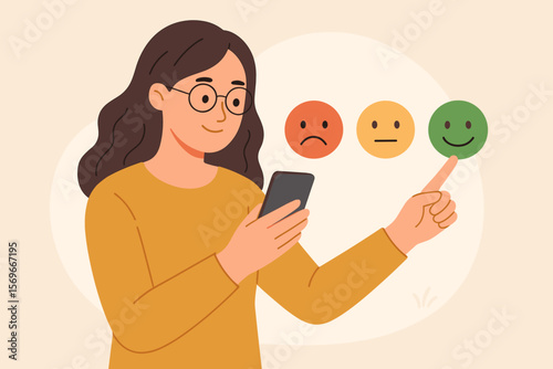 Woman using smartphone selecting green happy smiley face icon. Customer feedback rating, positive review, satisfaction survey, mental health, user experience, evaluation concept