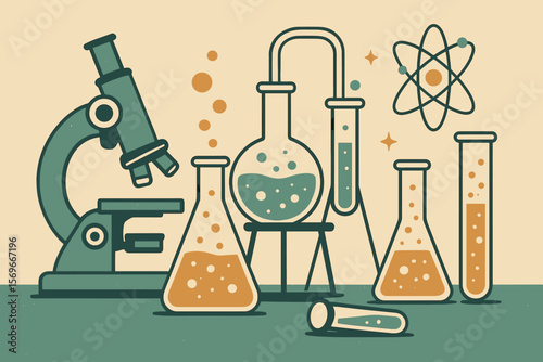 Retro science laboratory equipment illustration. Vintage microscope, glassware, beakers, test tubes, atomic model. Chemistry experiment, scientific research, education concept