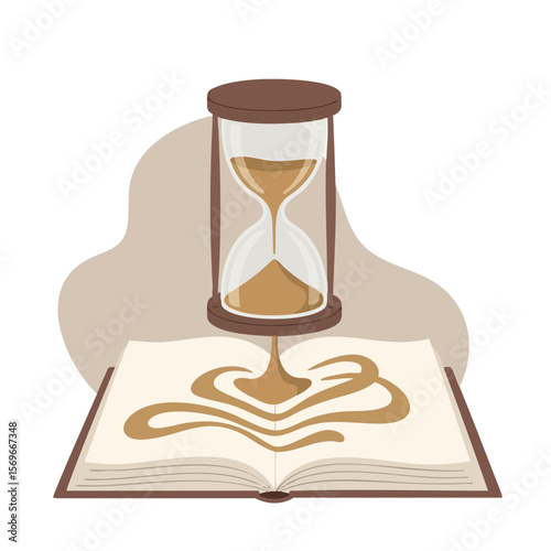 Hourglass Pouring Sand Over Open Book Pages, Flat Abstract Time Icon