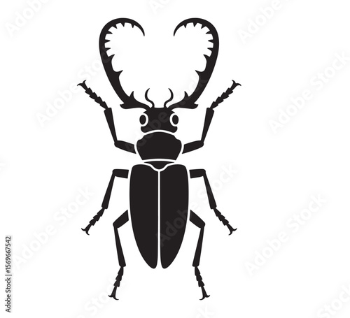 Stylized black silhouette of a stag beetle with large antlers