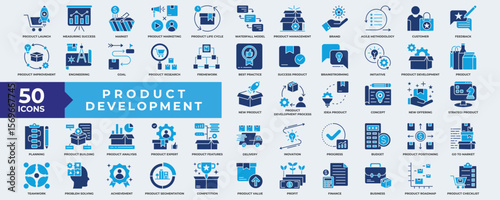 Product Development icon collection set. Containing development, product, strategy, business, innovation, marketing, management, growth, planning and teamwork. Simple Flat Vector.  