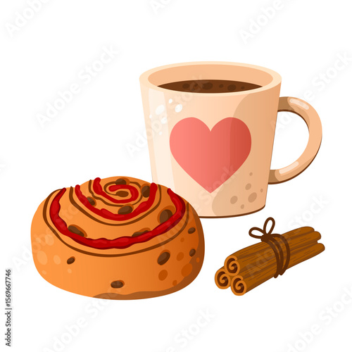 Vector illustration Cinnamon bun and sweet snail bun. Dessert baking. Sweet flour products. Pastry on white background