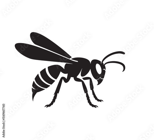 Stylized black silhouette of a wasp in profile on a white background