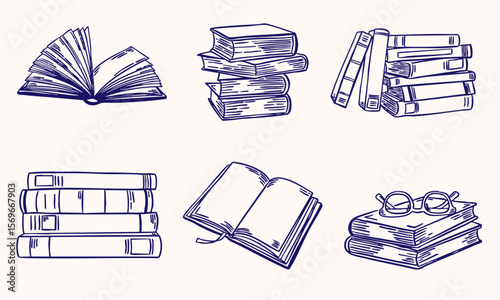 stack of books illustration doodle hand drawn sketch collection set - vector line art
