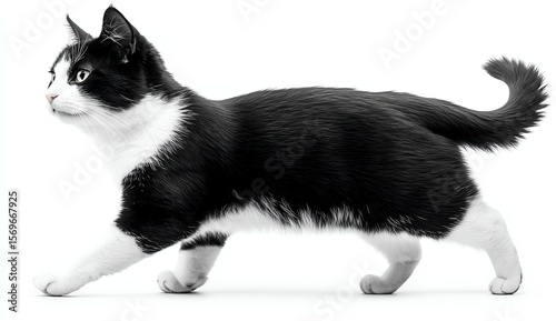 Stylized illustration of a walking cat in black and white.
