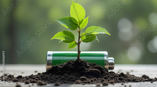 Green plant growing from soil on battery shell symbolizing eco energy and sustainability