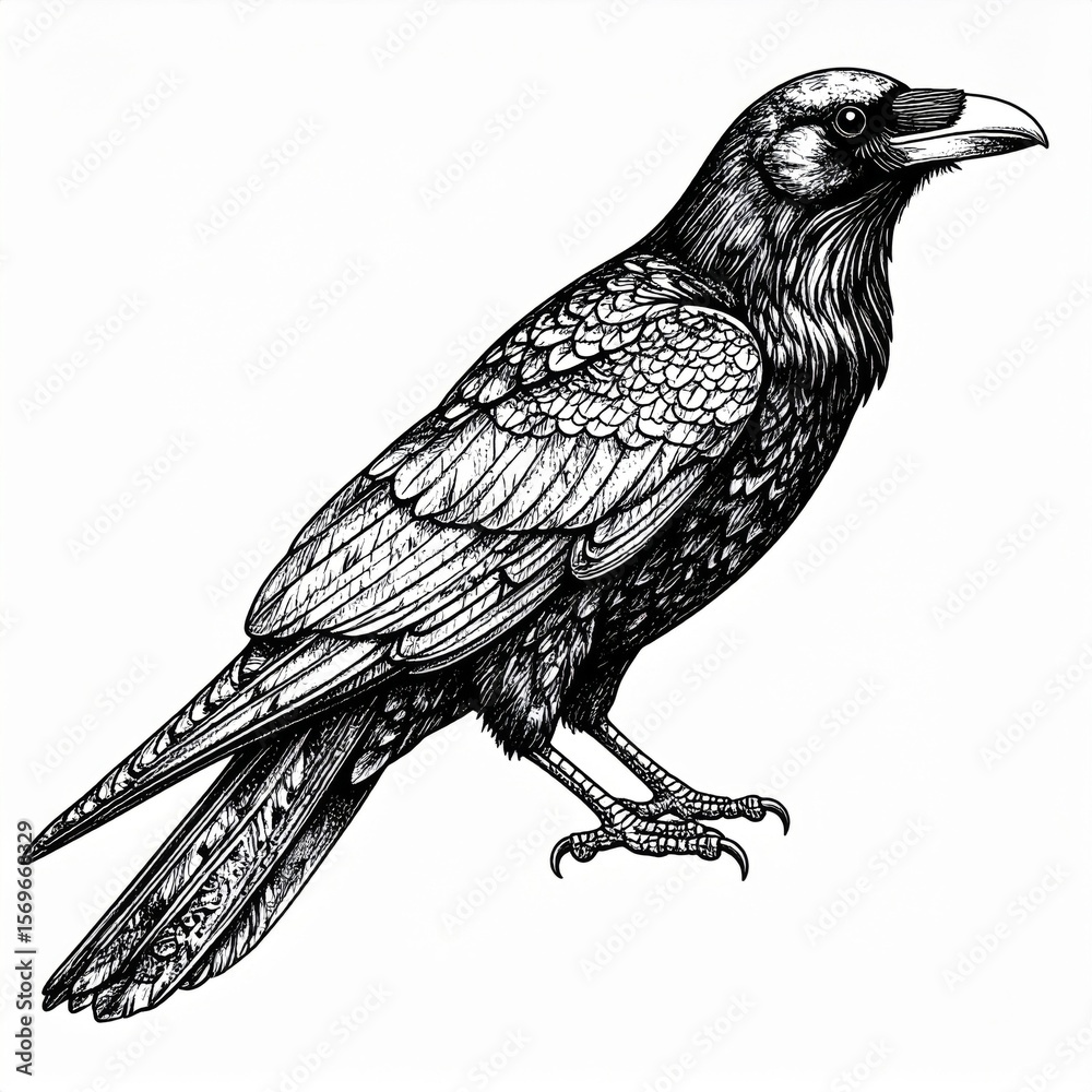 Fototapeta premium Detailed Black And White Crow Drawing