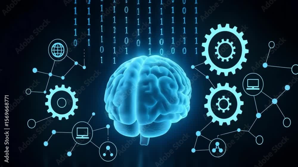 A luminous blue brain model streams binary rain amid interconnected gears and icons. Concept of artificial intelligence network.


