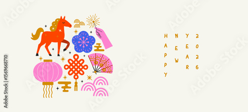 Art of Lunar New Year 2026. Vector cute elements for Chinese New Year: lanterns, horse, sparklers, fan and traditional oriental details for design, greeting card, poster, banner or background