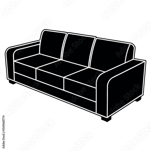 Simple black and white illustration of a three seater sofa isolated on white background