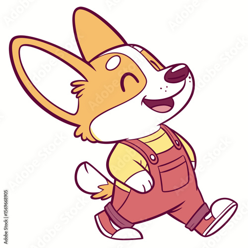 Happy cartoon corgi walking in overalls with a cheerful expression  