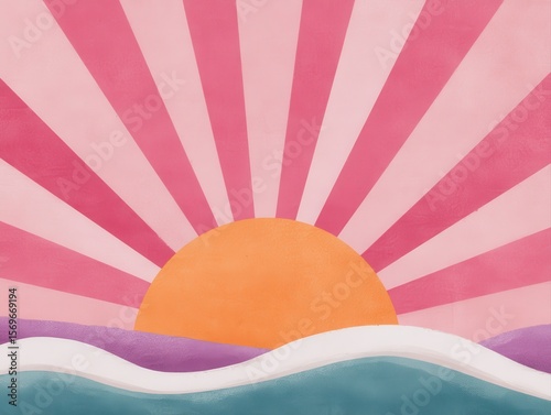 A stylized sunrise over waves with pink and purple rays radiating from the orange sun, set against a pastel background.