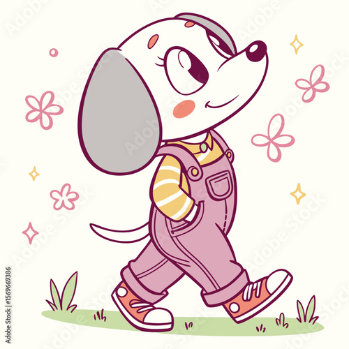 Cartoon dog character walking happily in a flower-filled garden  