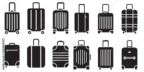 Luggage, travel bag, suitcase symbols. Vector icons, Minimal Baggage, suitcase icon outline coloring book page line art vector silhouettes