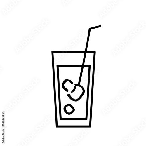 Line art illustration of a tall glass filled with liquid, ice cubes, and a straw.