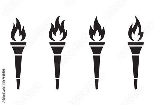 Four black silhouette torches with flames on a white background