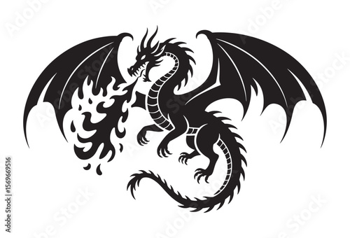 Fierce black dragon breathing fire with large wings spread wide