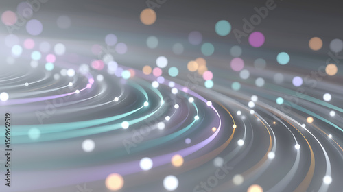 Glowing circuitry with spiral quantum tech aura and floating particles in soft pastel colors creating futuristic and dynamic digital energy flow effect