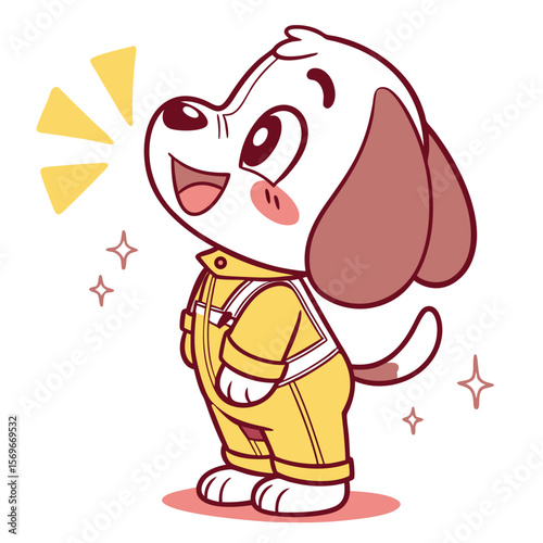 Happy cartoon dog wearing bright yellow overalls and smiling  