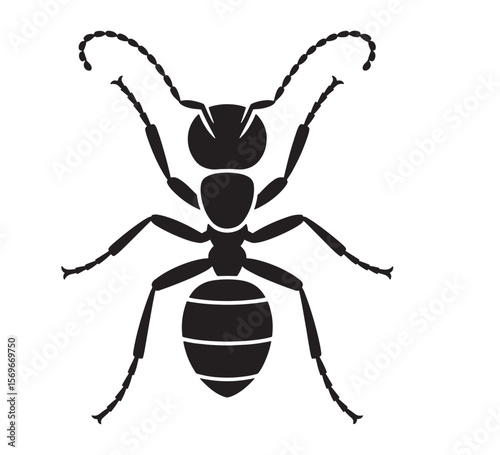Stylized black silhouette of an ant with segmented body and antennae