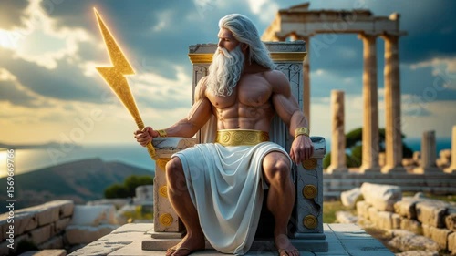 Zeus gesturing on throne overlooking sea. Ancient god holding torch on stone throne