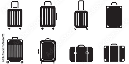 Luggage, travel bag, suitcase symbols. Vector icons, Minimal Baggage, suitcase icon outline coloring book page line art vector silhouettes