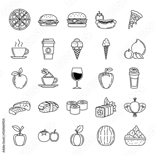 A collection of minimalist line art icons depicting various food and drink items, including pizza, burgers, coffee, ice cream, sushi, and fruit.