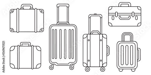 Luggage, travel bag, suitcase symbols. Vector icons, Minimal Baggage, suitcase icon outline coloring book page line art vector silhouettes