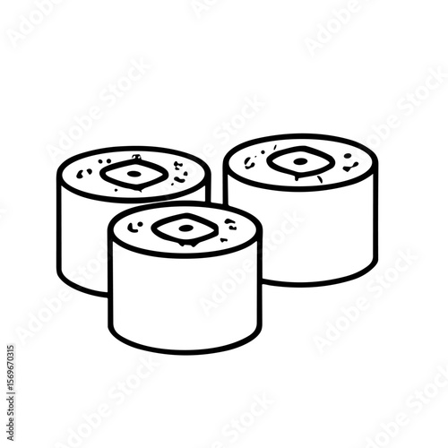 Simple black and white illustration of three sushi rolls, showing detail.