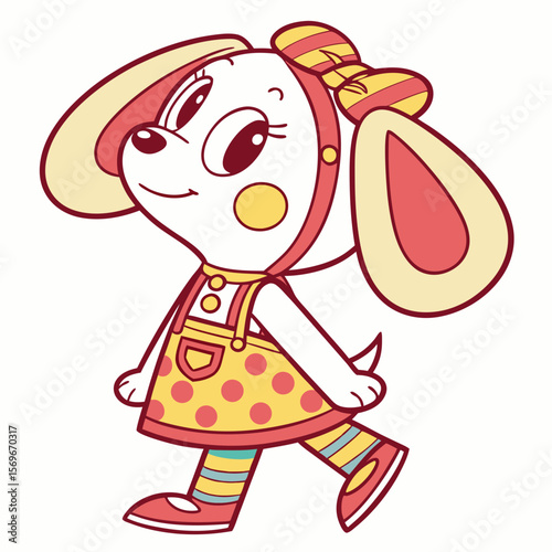 Cheerful cartoon dog character wearing colorful dress and walking  