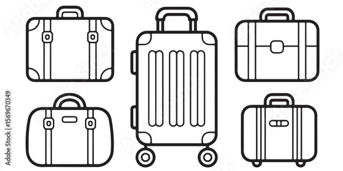Luggage, travel bag, suitcase symbols. Vector icons, Minimal Baggage, suitcase icon outline coloring book page line art vector silhouettes