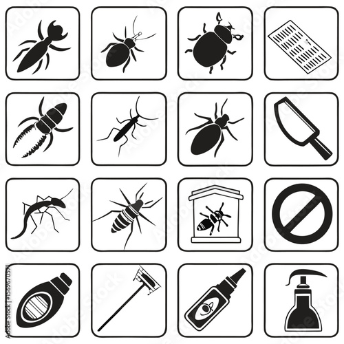 Mosquitoes, icon set. Mosquito repellent, protection, linear icons. bracelet, refills, spray, cream, mosquito net. Line with editable stroke