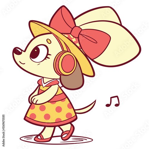 Cartoon dog in a polka dot dress and large hat walking happily  