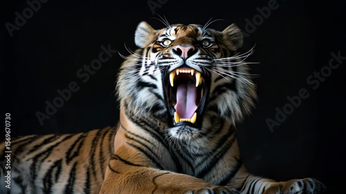 A roaring tiger in a controlled studio space, with sharp fangs and dramatic lighting, highlights the raw power of nature in a clean, minimalist setting.