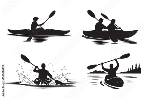 Silhouettes of kayakers enjoying various water activities on a white background
