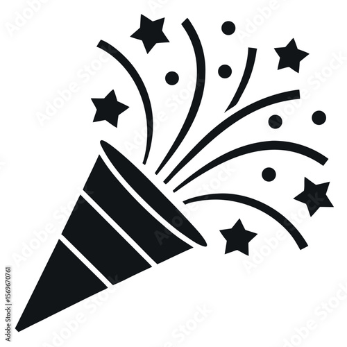 Black confetti popper exploding stars and dots isolated on white background