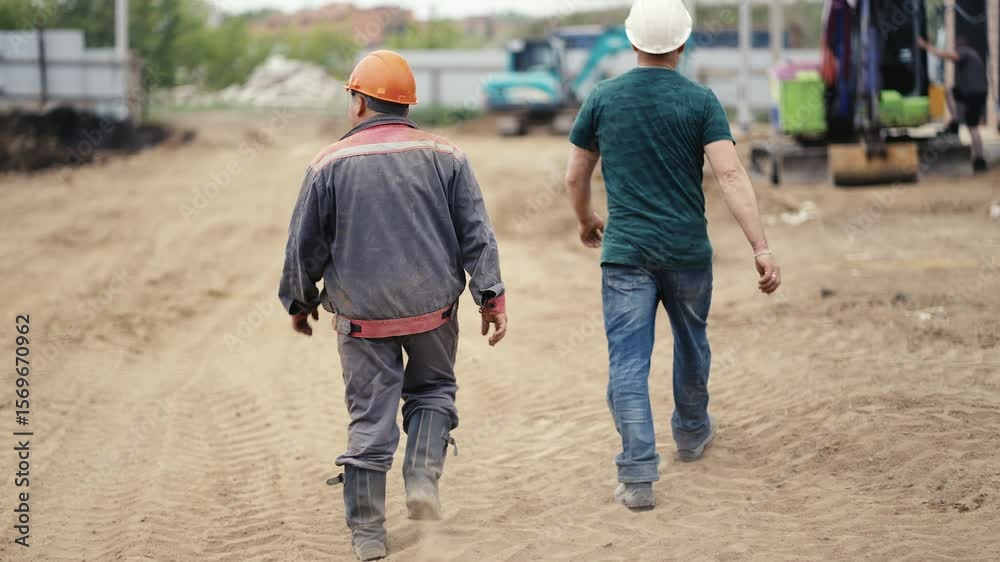 Two construction workers are walking together on a busy site, showcasing their teamwork and labor efforts Two construction workers are walking together on a busy site, showcasing their teamwork and labor efforts