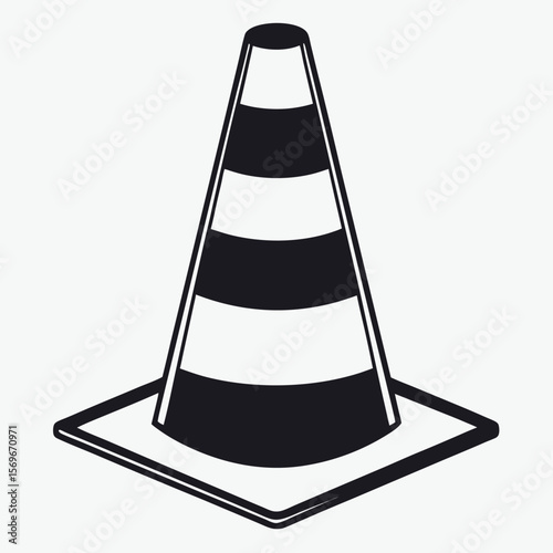 Black and white traffic cone with reflective stripes isolated on white background